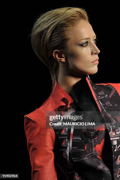 Brazilian top model Raquel Zimmermann presents a creation by Animale as part of the 2010-2011 Fall-Winter collections of the Sao Paulo Fashion Week,...