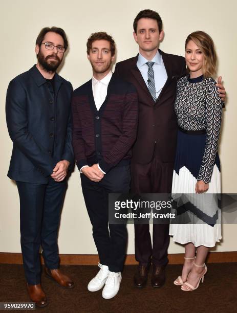 Martin Starr, Thomas Middleditch, Zach Woods, and Amanda Crew attend Silicon Valley S5 FYC at The Paramount Lot on May 15, 2018 in Hollywood,...
