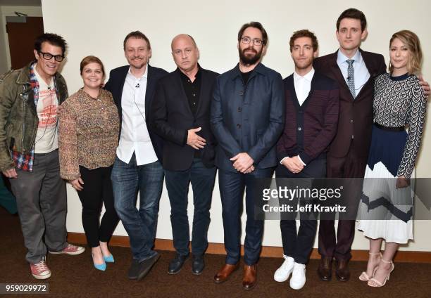 Johnny Knoxville, Amy Gravitt, Alec Berg, Mike Judge, Martin Starr, Thomas Middleditch, Zach Woods, and Amanda Crew attend Silicon Valley S5 FYC at...