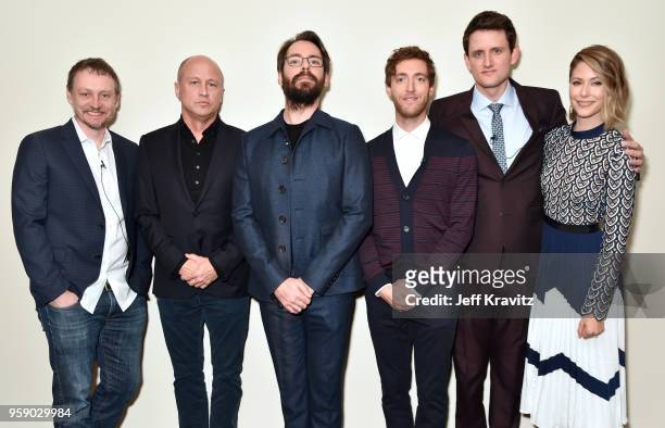 Alec Berg, Mike Judge, Martin Starr, Thomas Middleditch, Zach Woods, and Amanda Crew attend Silicon Valley S5 FYC at The Paramount Lot on May 15,...