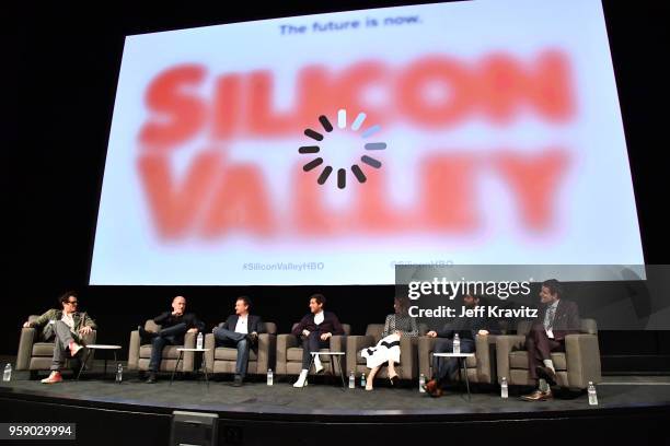 Johnny Knoxville, Mike Judge, Alec Berg, Thomas Middleditch, Amanda Crew, Martin Starr, and Zach Woods onstage at Silicon Valley S5 FYC at The...