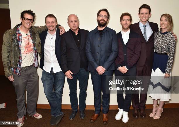 Johnny Knoxville, Amy Gravitt, Alec Berg, Mike Judge, Martin Starr, Thomas Middleditch, Zach Woods, and Amanda Crew attend Silicon Valley S5 FYC at...