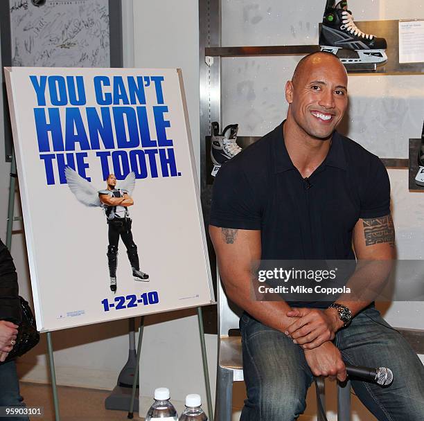 Actor and former professional wrestler Dwayne Johnson attends a Q&A at the NHL Powered by Reebok Store on January 20, 2010 in New York City.