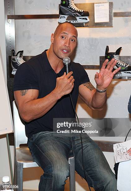 Actor and former professional wrestler Dwayne Johnson attends a Q&A at the NHL Powered by Reebok Store on January 20, 2010 in New York City.
