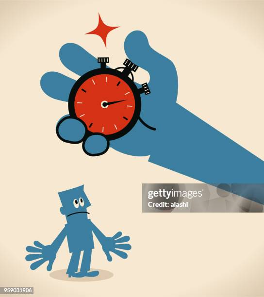 big hand pushing a stopwatch button and showing it to a businessman - start or stop button stock illustrations