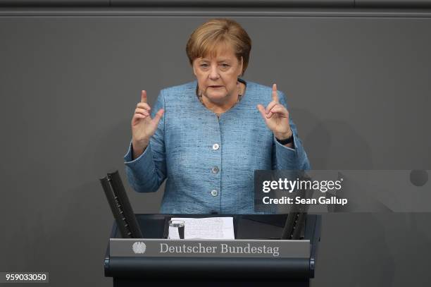 German Chancellor and leader of the German Christian Democrats Angela Merkel addresses the Bundestag during debates over the federal budget on May...