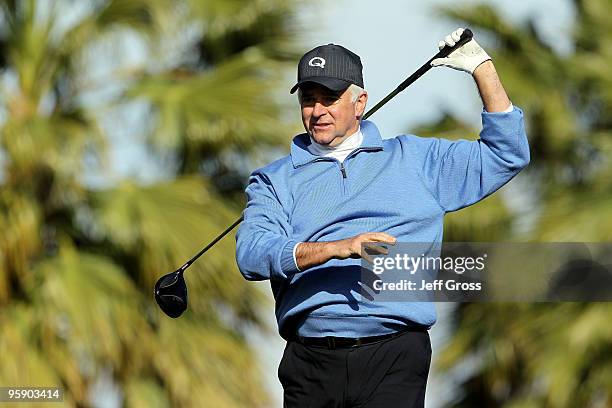 John O'Hurley reacts to his tee shot on the 13th hole during the first round of the Bob Hope Classic at the Silver Rock Resort on January 20, 2010 in...