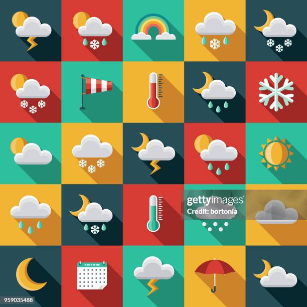 wetter-flaches design-icon-set mit seite schatten - weather icons vector stock-grafiken, -clipart, -cartoons und -symbole