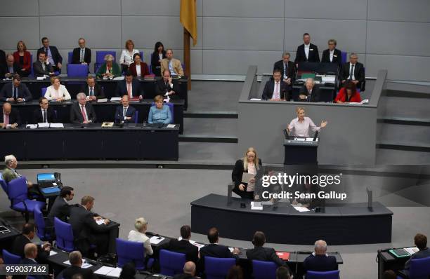 Alice Weidel , co-Bundestag faction leader of the right-wing Alternative for Germany , speaks in a fiery address of the Bundestag as German...