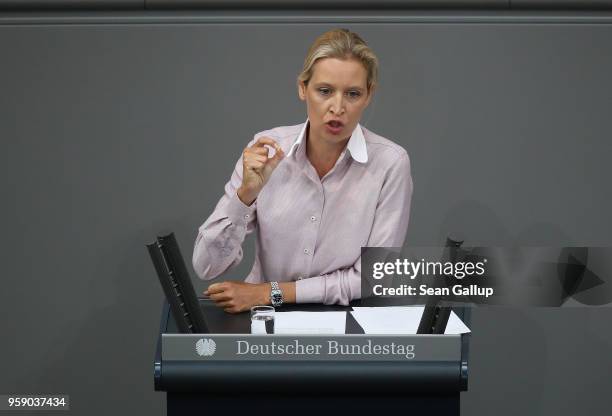 Alice Weidel, co-Bundestag faction leader of the right-wing Alternative for Germany , speaks in a fiery address to the Bundestag during debates over...