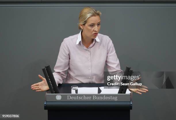 Alice Weidel, co-Bundestag faction leader of the right-wing Alternative for Germany , speaks in a fiery address at the Bundestag during debates over...
