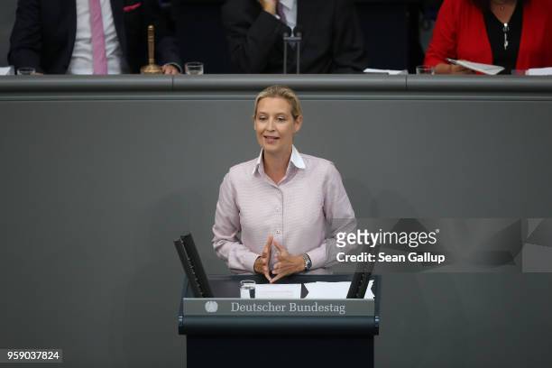 Alice Weidel, co-Bundestag faction leader of the right-wing Alternative for Germany , speaks in a fiery address at the Bundestag during debates over...