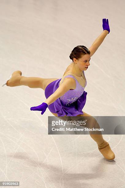 Emily Hughes works on her routine during practice in preparation for the US Figure Skating Championships at Spokane Arena on January 20, 2010 in...
