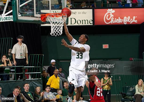 Mike Mercer of the South Florida Bulls drives against the Rutgers Scarlet Knights during the game at the SunDome on January 16, 2010 in Tampa,...