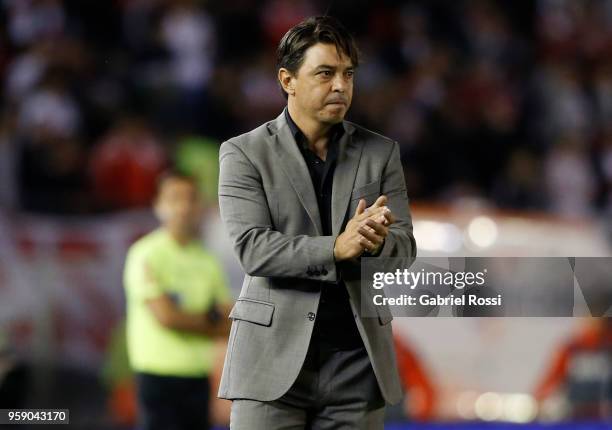 Marcelo Gallardo coach of River Plate reacts during a match between River Plate and San Lorenzo as part of Superliga 2017/18 at Estadio Monumental...