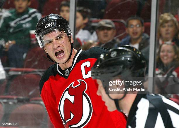 Jamie Langenbrunner of the New Jersey Devils shouts his feelings at referee Gord Dwyer after being called for a hooking penalty late in the third...