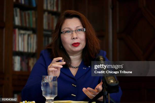 Tammy Duckworth answers a question from the Chicago Tribune editorial board during a joint appearance with Mark Kirk on Oct. 3, 2016 at Tribune Tower...