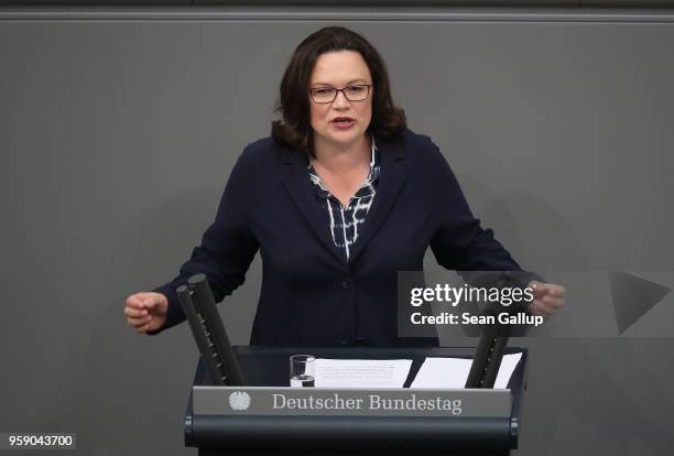 Andrea Nahles, leader of the German Social Democrats , addresses the Bundestag during debates over the federal budget on May 16, 2018 in Berlin,...