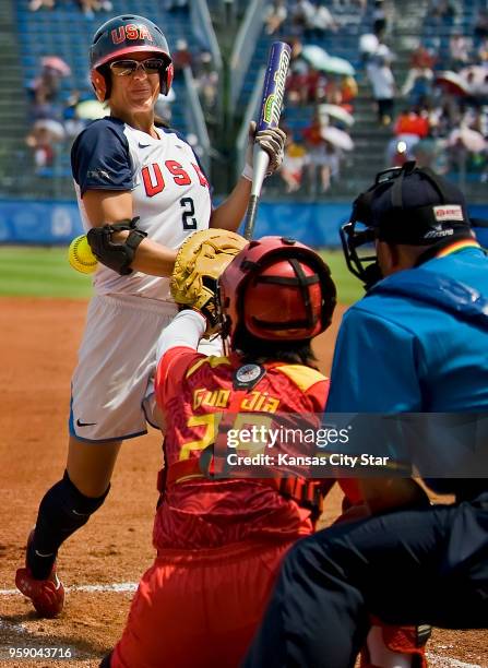 Jessica Mendoza of the United States is hit by a pitch against China on Monday, August 18 in the games of the XXIX Olympiad in Beijing, China.