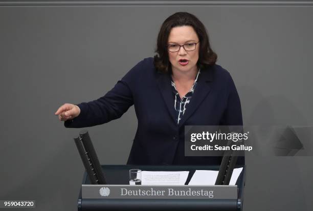 Andrea Nahles, leader of the German Social Democrats , addresses the Bundestag during debates over the federal budget on May 16, 2018 in Berlin,...
