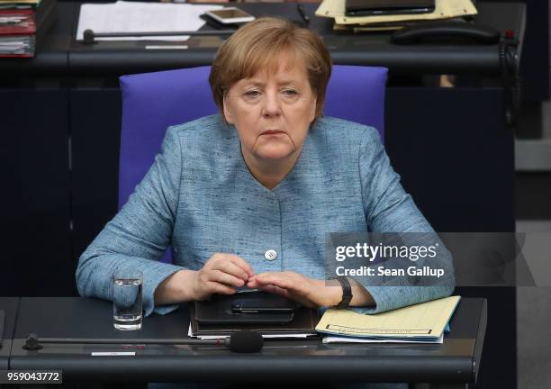 German Chancellor and leader of the German Christian Democrats Angela Merkel attends debates at the Bundestag over the federal budget on May 16, 2018...