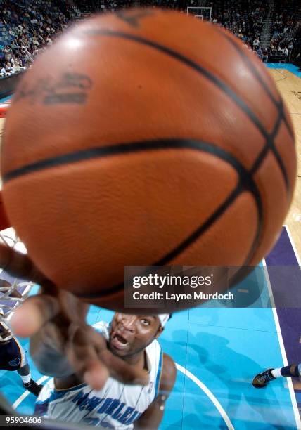 Devin Brown of the New Orleans Hornets reaches for a rebound over the Memphis Grizzlies on January 20, 2010 at the New Orleans Arena in New Orleans,...