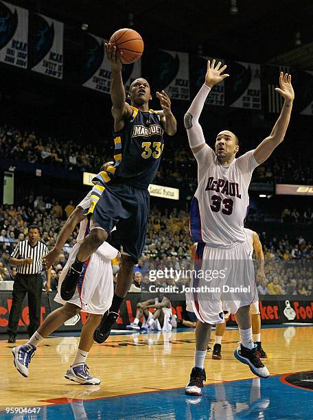 Jimmy Butler of the Marquette Golden Eagles puts up a shot against Krys Faber of the DePaul Blue Demons at the Allstate Arena on January 20, 2010 in...