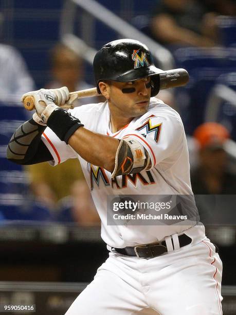 Martin Prado of the Miami Marlins at bat against the Atlanta Braves at Marlins Park on May 10, 2018 in Miami, Florida.