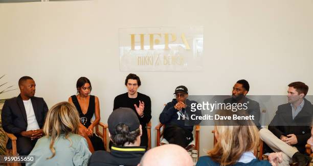 Corey Hawkins, Laura Harrie, Adam Driver, Spike Lee, John David Washington and Topher Grace at the HFPA Lounge at Nikki Beach on May 16, 2018 in...
