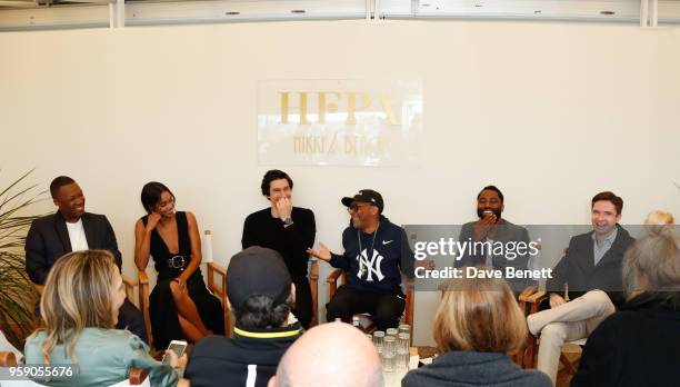 Corey Hawkins, Laura Harrie, Adam Driver, Spike Lee, John David Washington and Topher Grace at the HFPA Lounge at Nikki Beach on May 16, 2018 in...