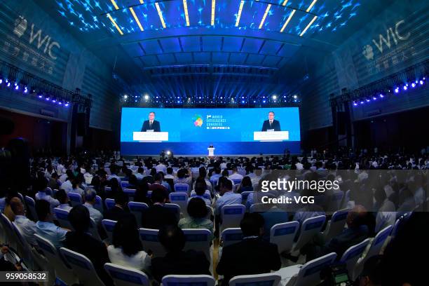 Guests attend the opening ceremony of the 2nd World Intelligence Congress at Tianjin Meijiang Convention and Exhibition Center on May 16, 2018 in...
