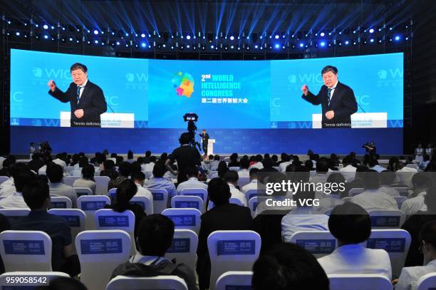 Chief executive officer of Haier Group Zhang Ruimin delivers a speech during the 2nd World Intelligence Congress at Tianjin Meijiang Convention and...