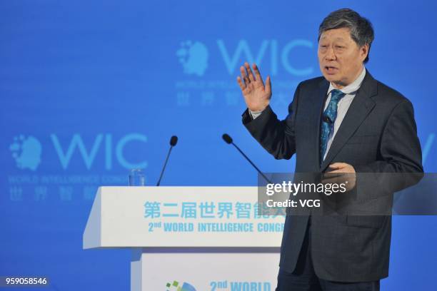 Chief executive officer of Haier Group Zhang Ruimin delivers a speech during the 2nd World Intelligence Congress at Tianjin Meijiang Convention and...