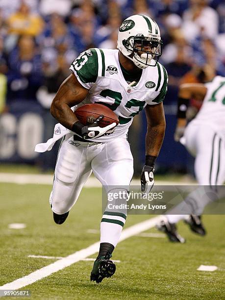 Shonn Greene of the New York Jets runs with the ball during the NFL game against the Indianapolis Colts at Lucas Oil Stadium on December 27, 2009 in...