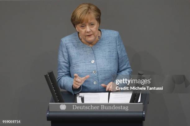 German Chancellor and leader of the German Christian Democrats Angela Merkel addresses the Bundestag during debates over the federal budget on May...