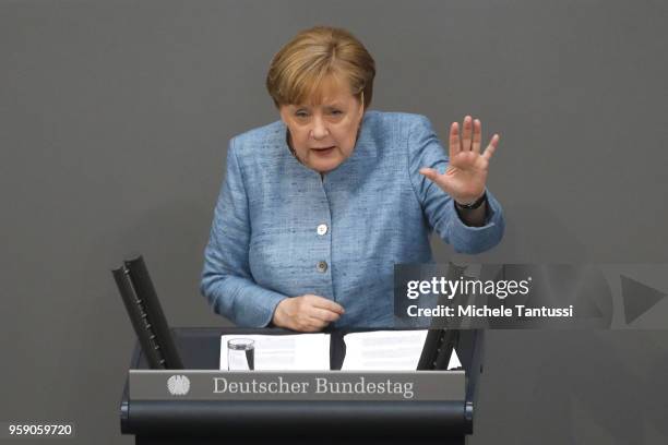 German Chancellor and leader of the German Christian Democrats Angela Merkel addresses the Bundestag during debates over the federal budget on May...