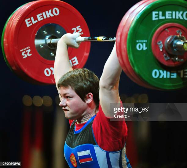 Natalia Zabolotnaya from Russia, winner of the gold medal, lifts during the Women's 75kg category of the European Weightlifting Championships in...
