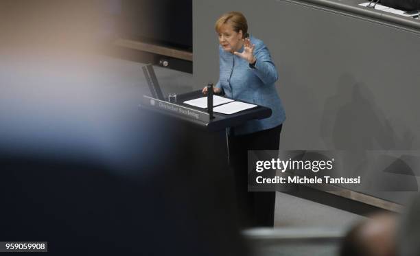 German Chancellor and leader of the German Christian Democrats Angela Merkel addresses the Bundestag during debates over the federal budget on May...