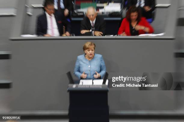 German Chancellor and leader of the German Christian Democrats Angela Merkel addresses the Bundestag during debates over the federal budget on May...