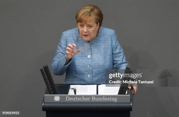 German Chancellor and leader of the German Christian Democrats Angela Merkel addresses the Bundestag during debates over the federal budget on May...