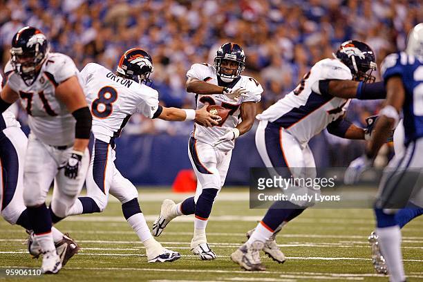 Knowshon Moreno of the Denver Broncos runs with the ball during the NFL game against the Indianapolis Colts at Lucas Oil Stadium on December 13, 2009...