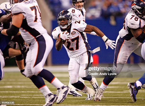 Knowshon Moreno of the Denver Broncos runs with the ball during the NFL game against the Indianapolis Colts at Lucas Oil Stadium on December 13, 2009...