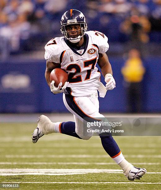 Knowshon Moreno of the Denver Broncos runs with the ball during the NFL game against the Indianapolis Colts at Lucas Oil Stadium on December 13, 2009...