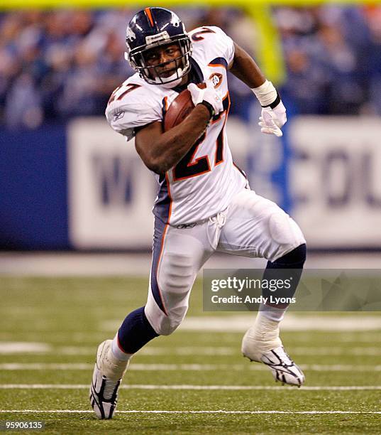 Knowshon Moreno of the Denver Broncos runs with the ball during the NFL game against the Indianapolis Colts at Lucas Oil Stadium on December 13, 2009...