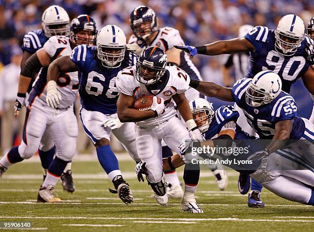 Knowshon Moreno of the Denver Broncos runs with the ball during the NFL game against the Indianapolis Colts at Lucas Oil Stadium on December 13, 2009...