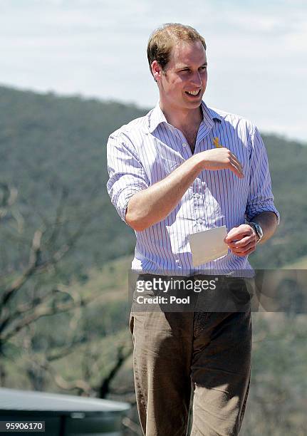 Prince William speaks as he visits a bushfire affected family in Humevale, on the outskirts of Melbourne, on the third and final day of his...