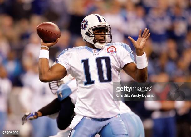 Vince Young of the Tennessee Titans throws the ball during the NFL game against the Indianapolis Colts at Lucas Oil Stadium on December 6, 2009 in...