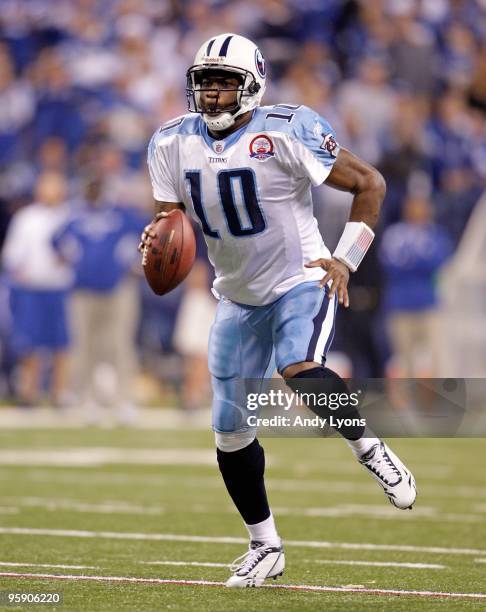 Vince Young of the Tennessee Titans runs with the ball during the NFL game against the Indianapolis Colts at Lucas Oil Stadium on December 6, 2009 in...