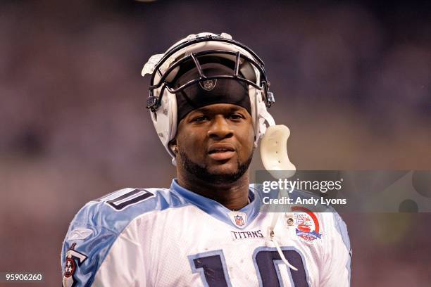 Vince Young of the Tennessee Titans looks on during the NFL game against the Indianapolis Colts at Lucas Oil Stadium on December 6, 2009 in...