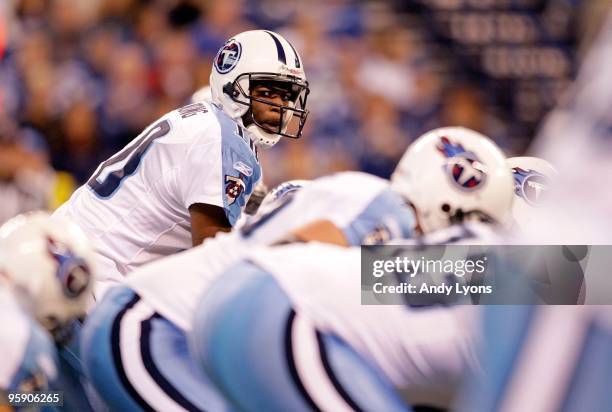 Vince Young of the Tennessee Titans stands under center during the NFL game against the Indianapolis Colts at Lucas Oil Stadium on December 6, 2009...